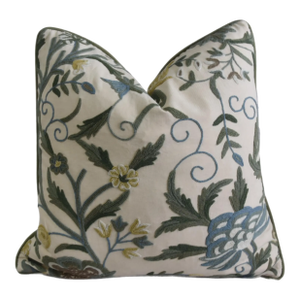 English Floral Crewel & Velvet Feather/Down Pillow
