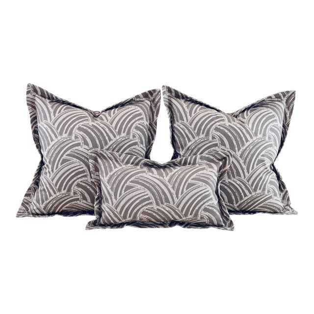 Designer Vicki Payne Free Spirit Gray & Cream Modern Abstract "Feather" Pillow Covers- 3 Pieces For Sale