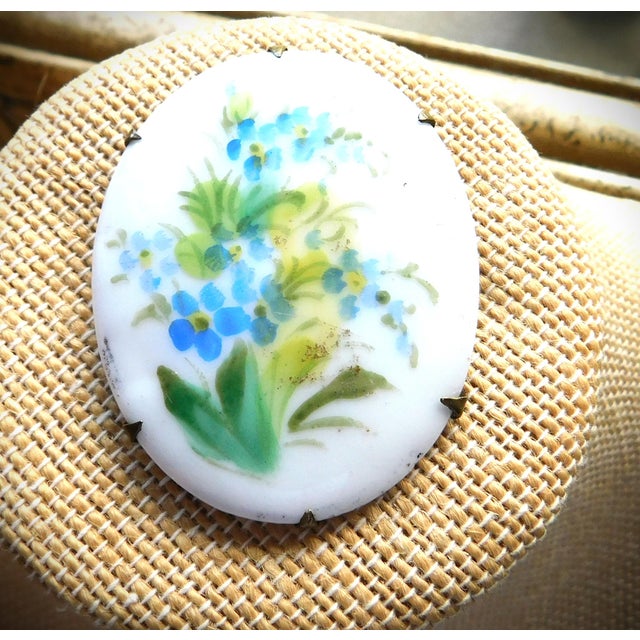 Antique Art Nouveau 1910 Hand-Painted Blue Dogwood Flower Porcelain Brooch For Sale - Image 4 of 11
