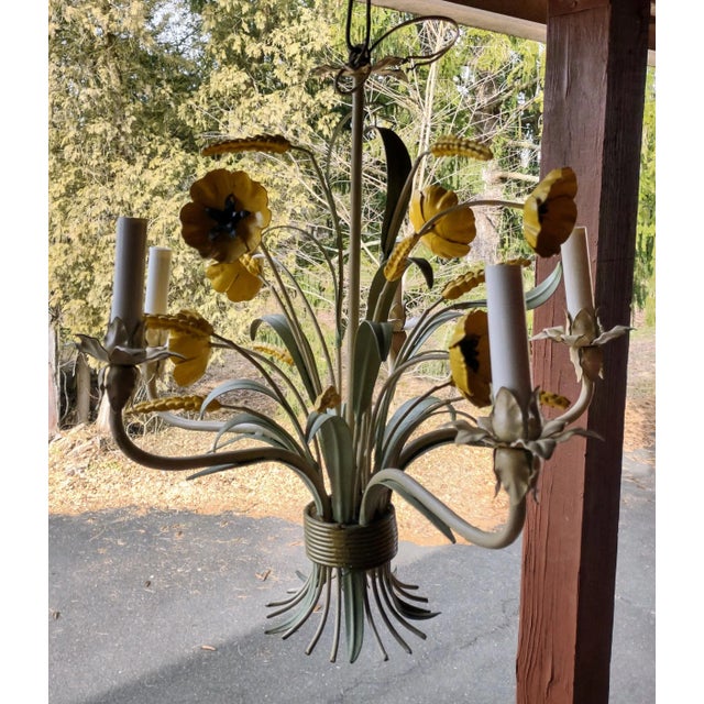 1960s 1960s Italian Tole Painted 5 Arm Chandelier With Wheat and Flowers For Sale - Image 5 of 5