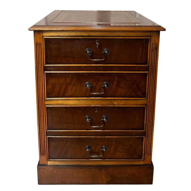 Empire Style Mahogany and Burl Wood File Cabinet With Tooled Leather Top on Casters. Includes key.