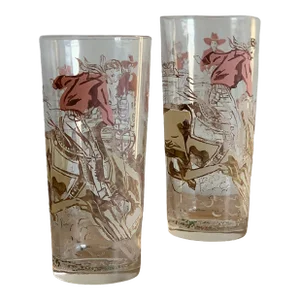 Vintage Hazel-Atlas Cowboy Rodeo Themed Tall Highball Drinking Glassware- Set of 2