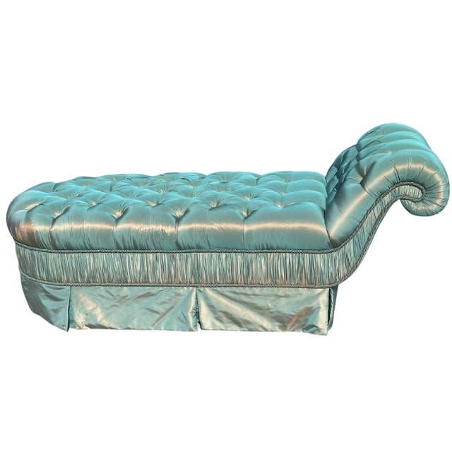 Hollywood Regency Hollywood Regency Turquoise Satin Tufted Chaise Lounge - Joanna Carson Estate For Sale - Image 3 of 5