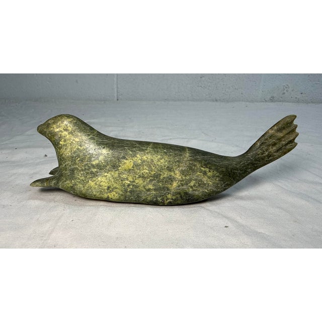 Antique Signed Carved Green Soapstone Canadian Seal Eskimo Sculpture Inuit For Sale - Image 11 of 11