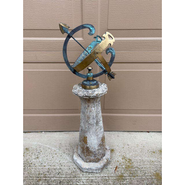 Vintage English Country Classical Verdigris Bronze and Brass Garden Armillary Sundial on Concrete Corinthian Column Pedestal For Sale - Image 11 of 12