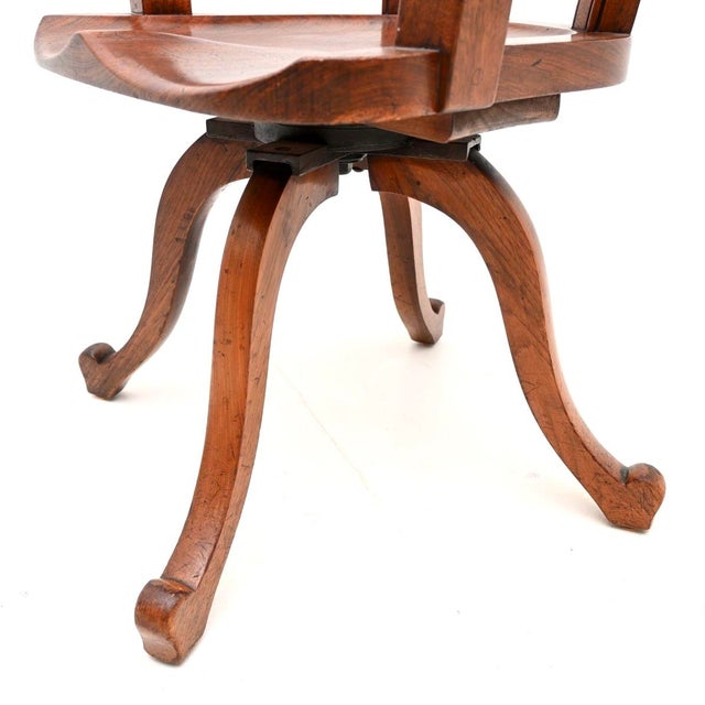 Brown Antique Victorian Oak and Leather Swivel Desk Chair attributed to James Shoolbred, 1880 For Sale - Image 8 of 9