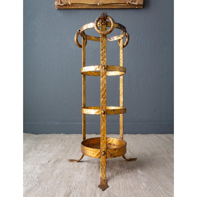 Neoclassical Umbrella Stand of Gilded and Hammered Iron on Footed Base For Sale - Image 12 of 18