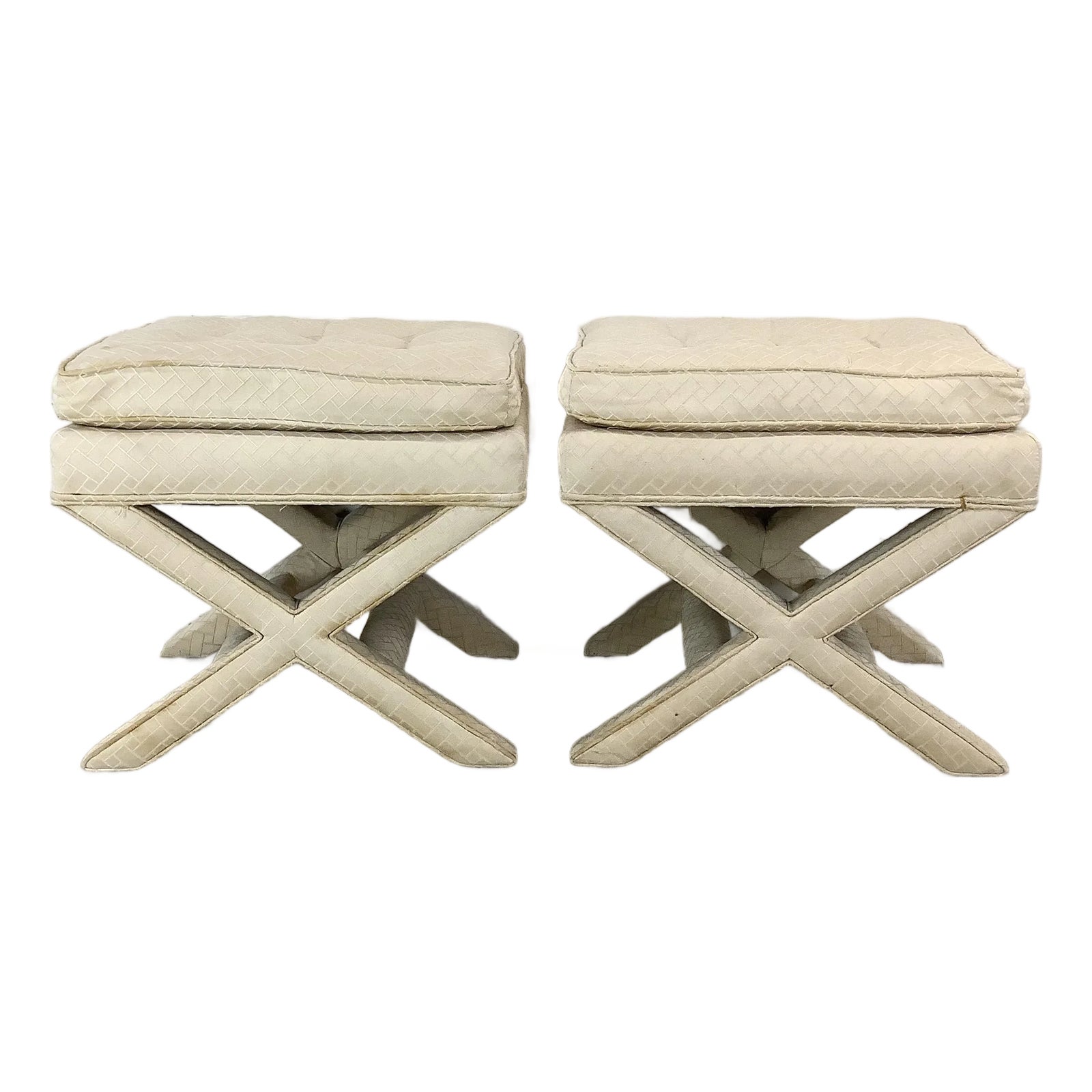Pair of Vintage X-Base Stools With Tufted Cushions in Cream Upholstery ...