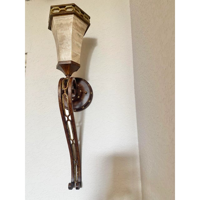 Exquisite Pair of Vintage Alabaster and Metal Torchiere Sconces Mint Condition For Sale - Image 4 of 12