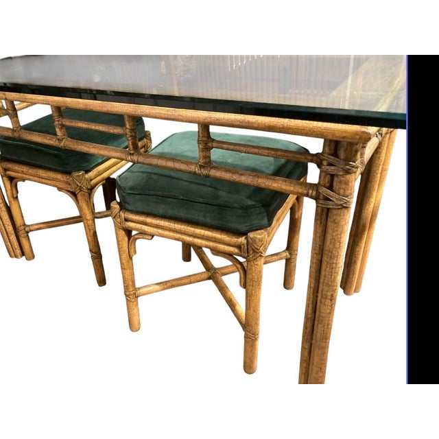 1970s 1970s McGuire Bamboo Console Table With a Glass Top & Two Matching Stools . For Sale - Image 5 of 11
