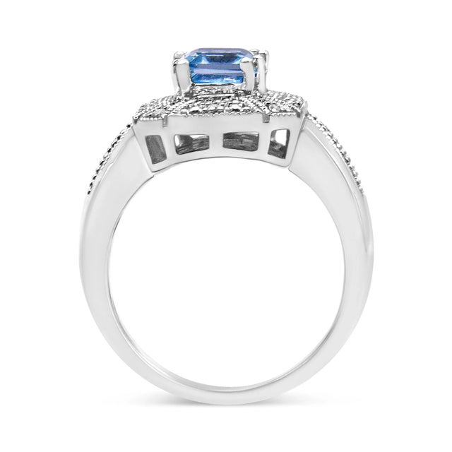 Early 21st Century .925 Sterling Silver Diamond Accent and 8X6 mm Emerald-Shape Blue Topaz Ring (I-J Color, I2-I3 Clarity) - Ring Size 9 For Sale - Image 5 of 7