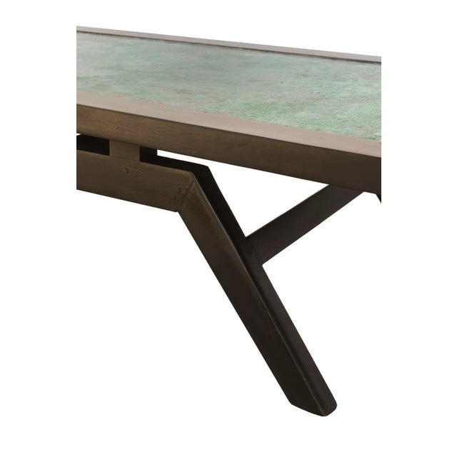 Wood Vintage 60's Rectangular Cocktail Table With Stained Black Wood and Patinated Copper Oxidized Turquoise Top For Sale - Image 7 of 10