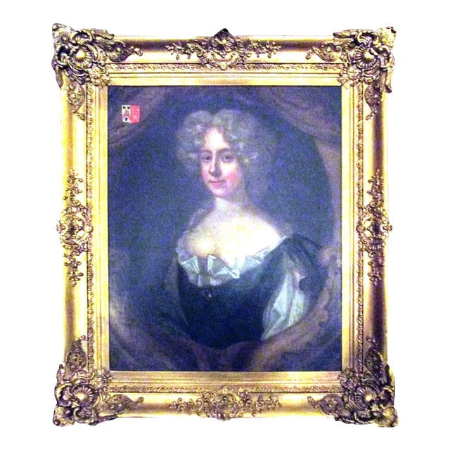 18th Century English Titled Lady with Coat of Arms Framed Oil Portrait Painting For Sale - Image 13 of 13