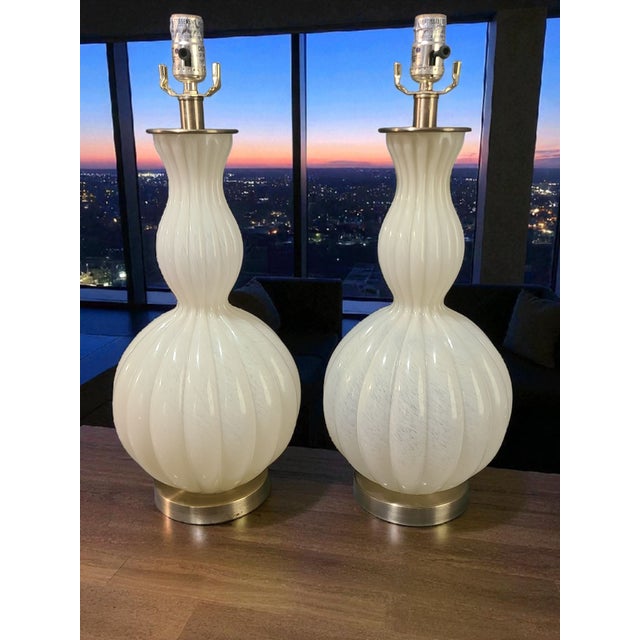 Cream Mid-Century Modern Style Attributed Murano Art Glass Pair of Table Lamps For Sale - Image 8 of 9
