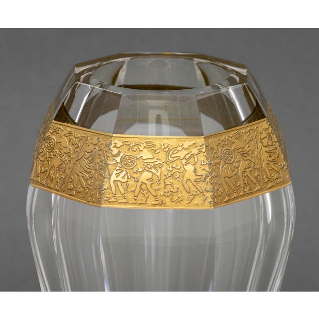 Moser "Diva" Oroplastic Cut Crystal Vase, figural procession motif, marked "Moser" to base. 5.75" H x 3.5" W x 3.5" D....
