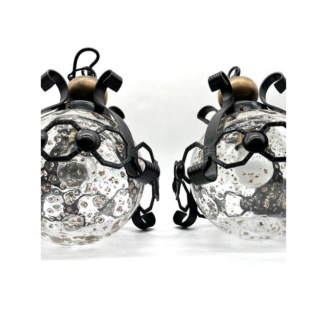 Mid-Century Murano Cage Lamps in Bullicante Glass with 24k Gold Dust and Wrought Iron from Seguso, 1960s, Set of 2 For Sale - Image 4 of 18