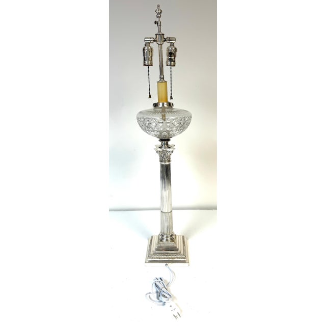 19th Century 19th Century Victorian Sheffield Plate Corinthian Column Lamp Cut Crystal Font, Hinks & Co. For Sale - Image 5 of 18