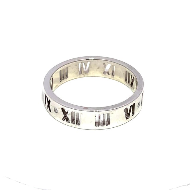 Modern Mid 20th Century Tiffany & Co. 18k White Gold Diamond Atlas Roman Numerals Band, Size 9 For Sale - Image 3 of 9