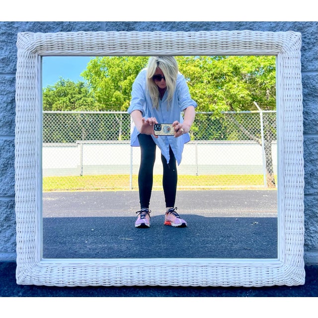 White Large Vintage White Wicker Framed Mirror For Sale - Image 8 of 12