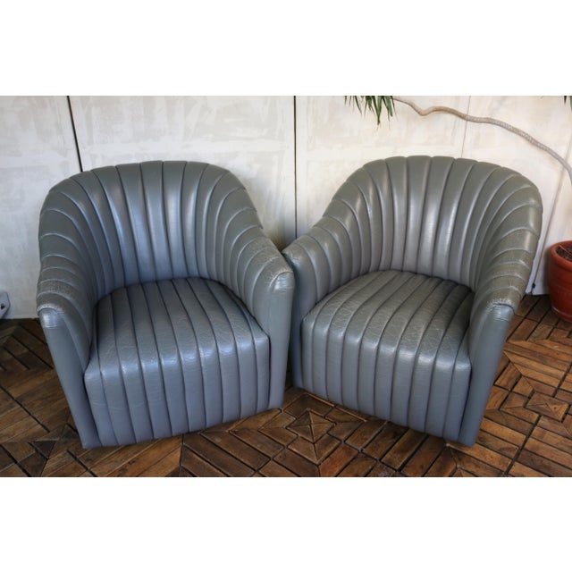 Vintage Pair of Gray Leather Channel-Tufted Club Chairs by Martin/Brattrud, 1987 For Sale In Los Angeles - Image 6 of 14