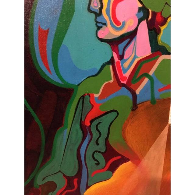 Textile Vintage Mid-Century Colorful Figurative Abstract Oil on Canvas Portrait Painting For Sale - Image 7 of 12