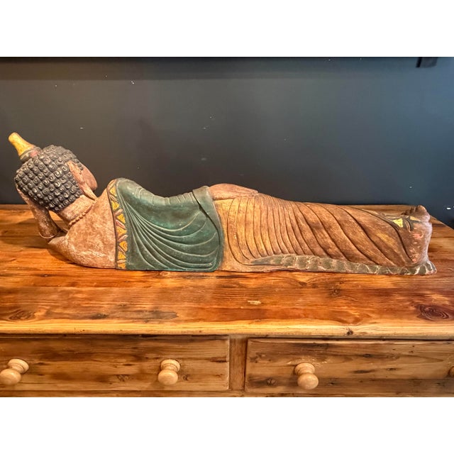 Religious Hand Carved Wooden Vintage Reclining Buddha For Sale - Image 3 of 10