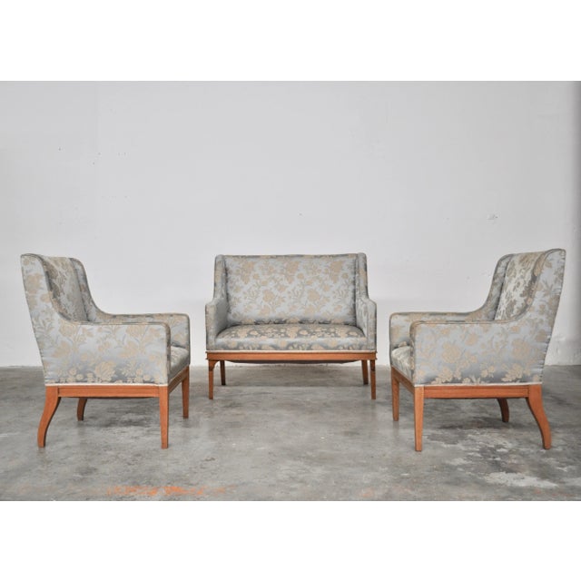 Ash sofa with original silk lining and armchairs.
