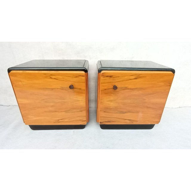 Very nice bedside tables in the Modernism style, in original authentic condition. Made of walnut, beech and spruce wood....