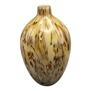 Vintage Hand-Blown Art Glass Brown & Cream Tortoise-Style Vase 13'' Tall For Sale