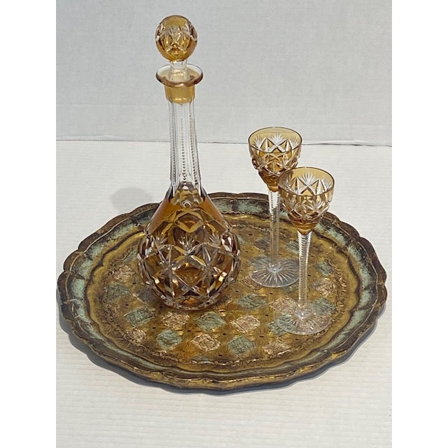 Vintage Amber Crystal Cut to Clear Cordial Decanter, 2 Glasses and Tray For Sale - Image 17 of 17