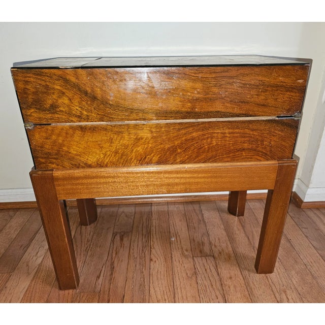 1 / 16 1911 Walnut Burl and Brass Inlays and Leather Inset Travel Desk on Stand For Sale - Image 4 of 11