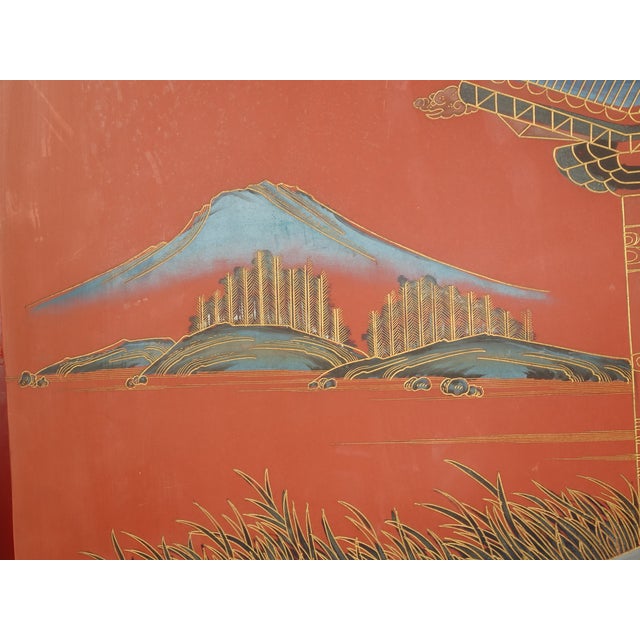 Antique Oriental Asian Red Coromandel Six Panel Folding Screen Palace Scene For Sale - Image 13 of 18
