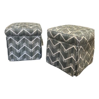 Custom Kravet Couture Ottomans in Verdigris Italian Fabric - Set of 2 For Sale