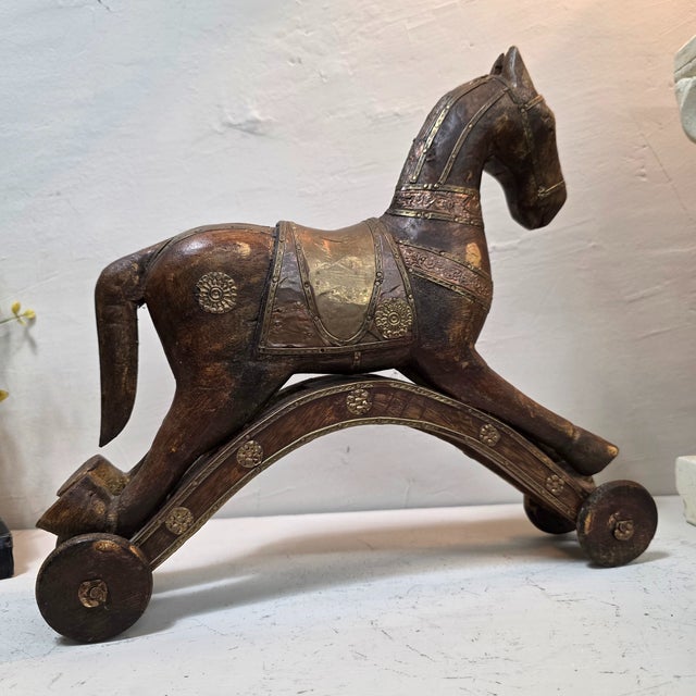 Turn-of-the-Century European Wooden Toy Horse on Wheels With Brass & Copper Inlay For Sale - Image 10 of 11