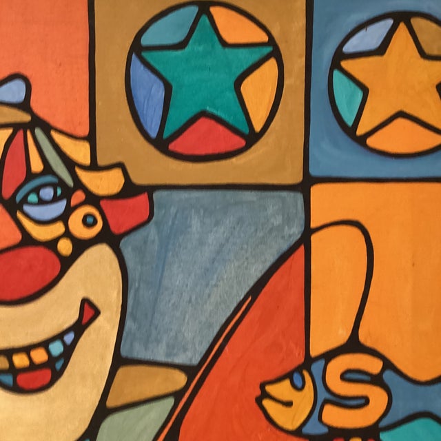 Mid 20th Century Modern Colorful Cubist-Style Framed Painting With Smiling Clown “ Smile “ by Wrasky For Sale - Image 4 of 12