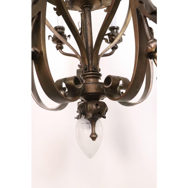Early 20th Century Cast Bronze Highly Ornate Chandelier With Original Etched Glass Down Shades For Sale - Image 14 of 16