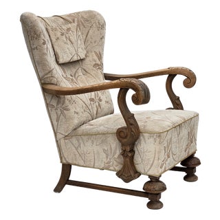 Vintage Danish Lounge Chair in Furniture Fabric and Carved Oak, 1950s For Sale