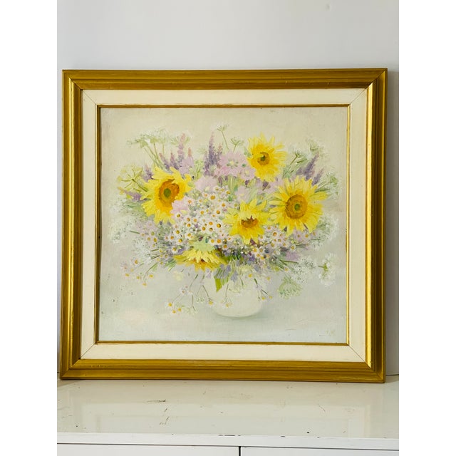 Shabby Chic 20 Th C Original Oil on Biard Sunflower Painting For Sale - Image 3 of 6