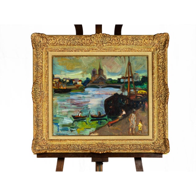 A Post Impressionism french maritime background of Paris river channels, Les Barges titled. An oil painting from 20th...