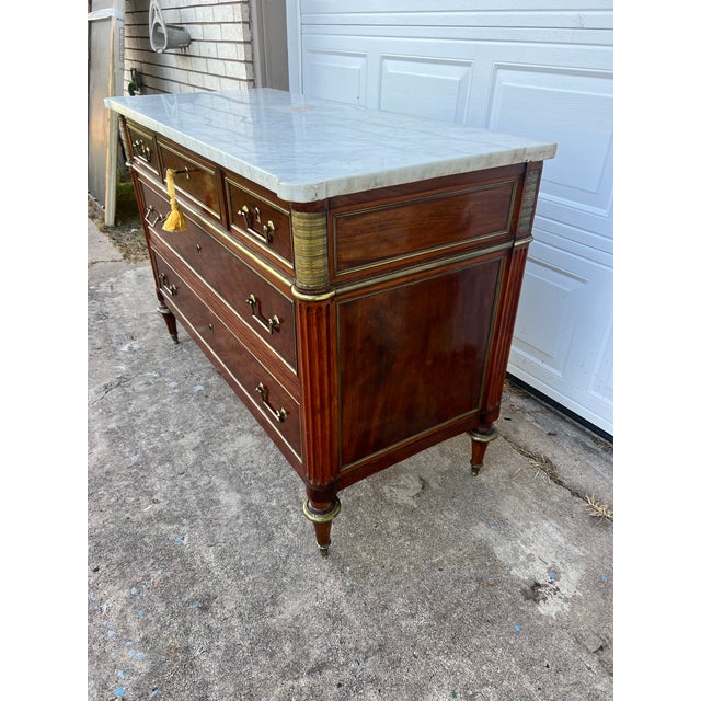 French 19th Century Louis XVI Mahogany Carrara Marble Top Chest of Drawers For Sale - Image 10 of 12
