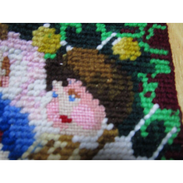 Vintage Needlepoint Christmas Stocking Victorian Children With Toys Red Back For Sale - Image 4 of 6