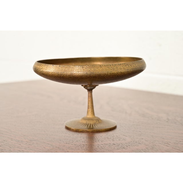 Art Deco Tiffany Studios New York Bronze Doré Pedestal Bowl or Compote Dish With Greek Key Design For Sale - Image 3 of 11