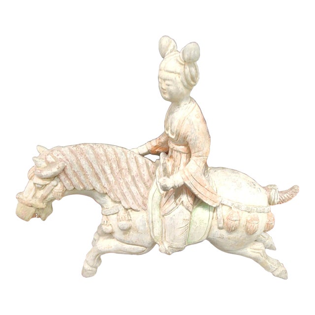 Antique Chinese T'ang Style Terracotta Female Horse Rider Figurine For Sale