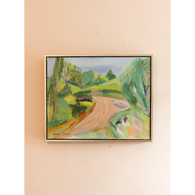 Oil landscape of a winding dirt road through bright green hills and trees under a grey-blue sky, in broad, gestural...