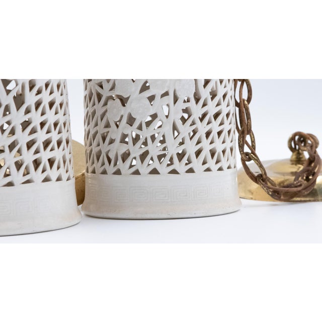 Mid 20th Century White Pierced Ceramic Pendant Lights With Brass Hardware - a Pair For Sale In Boston - Image 6 of 11