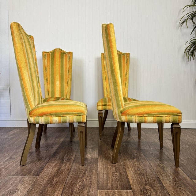 Hollywood Regency Designer 1970s Velvet Striped High Back Chairs For Sale - Image 3 of 15