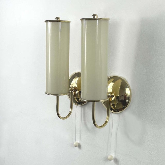 1930s Art Deco Tubular Opaline Glass & Brass Sconces, Germany, 1930s, Set of 2 For Sale - Image 5 of 15