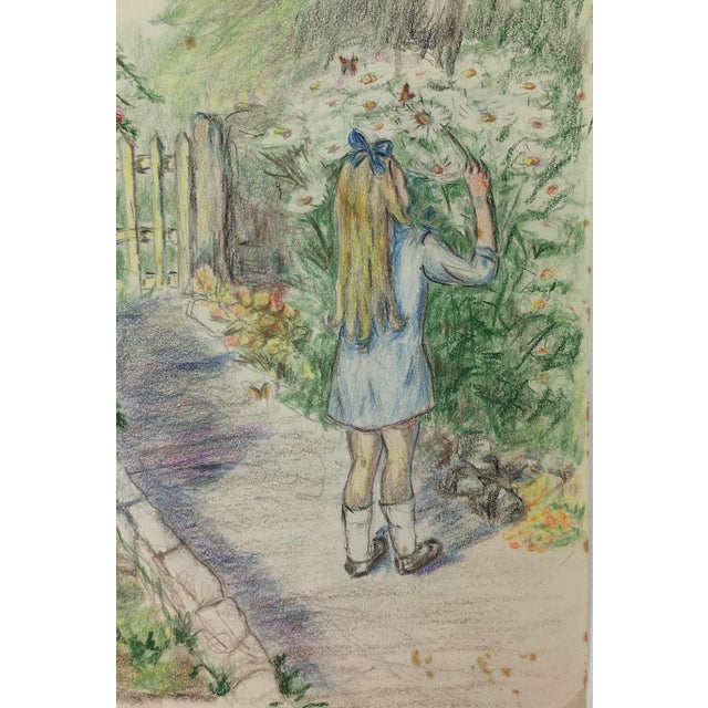Realism 1960s "Exploring the Garden" 1960s Impressionist Style Figurative Pencil Drawing For Sale - Image 3 of 4