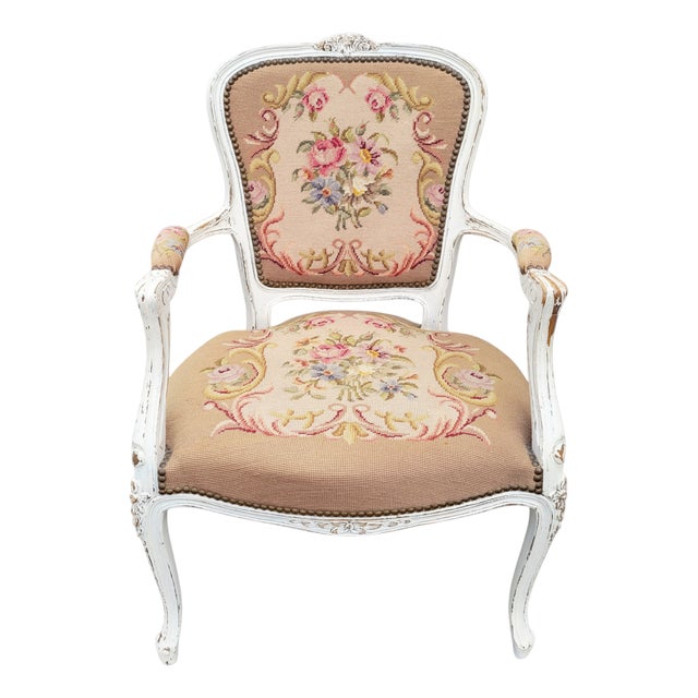 French Louis XV Style Armchair with Hand-Embroidered Floral Needlepoint, 1920s For Sale