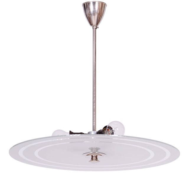 Czech Bauhaus Pendant in Chrome-Plated Steel and Milk Glass, 1930s For Sale